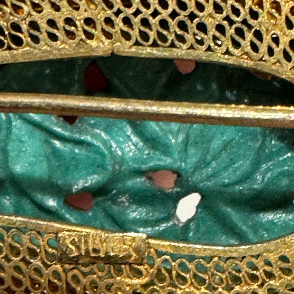 Vintage deco brooch features turquoise and coral stones. EUC - Picture 3 of 4